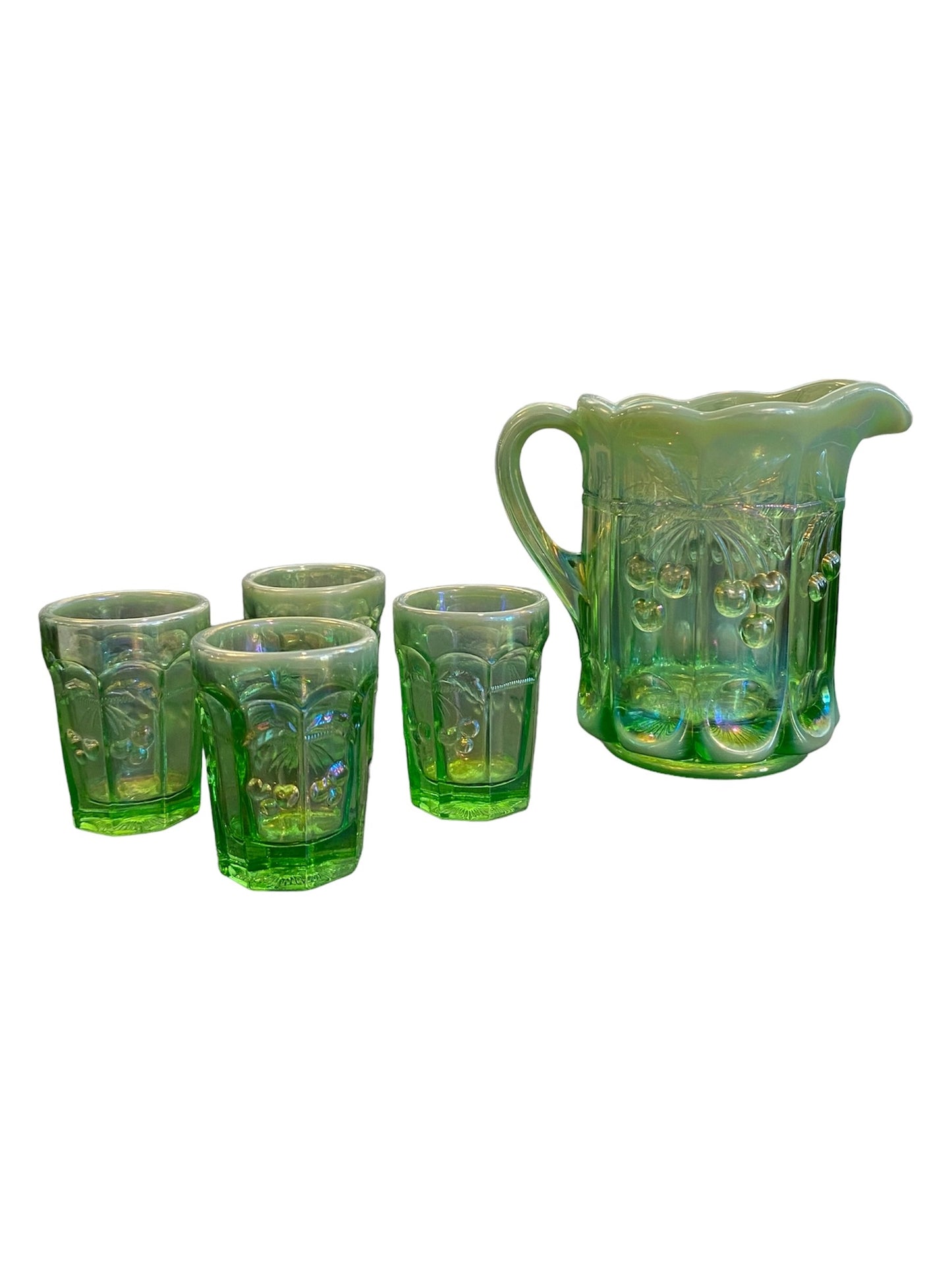 Vintage Mosser Green Opalescent Cherry Glasses and Pitcher