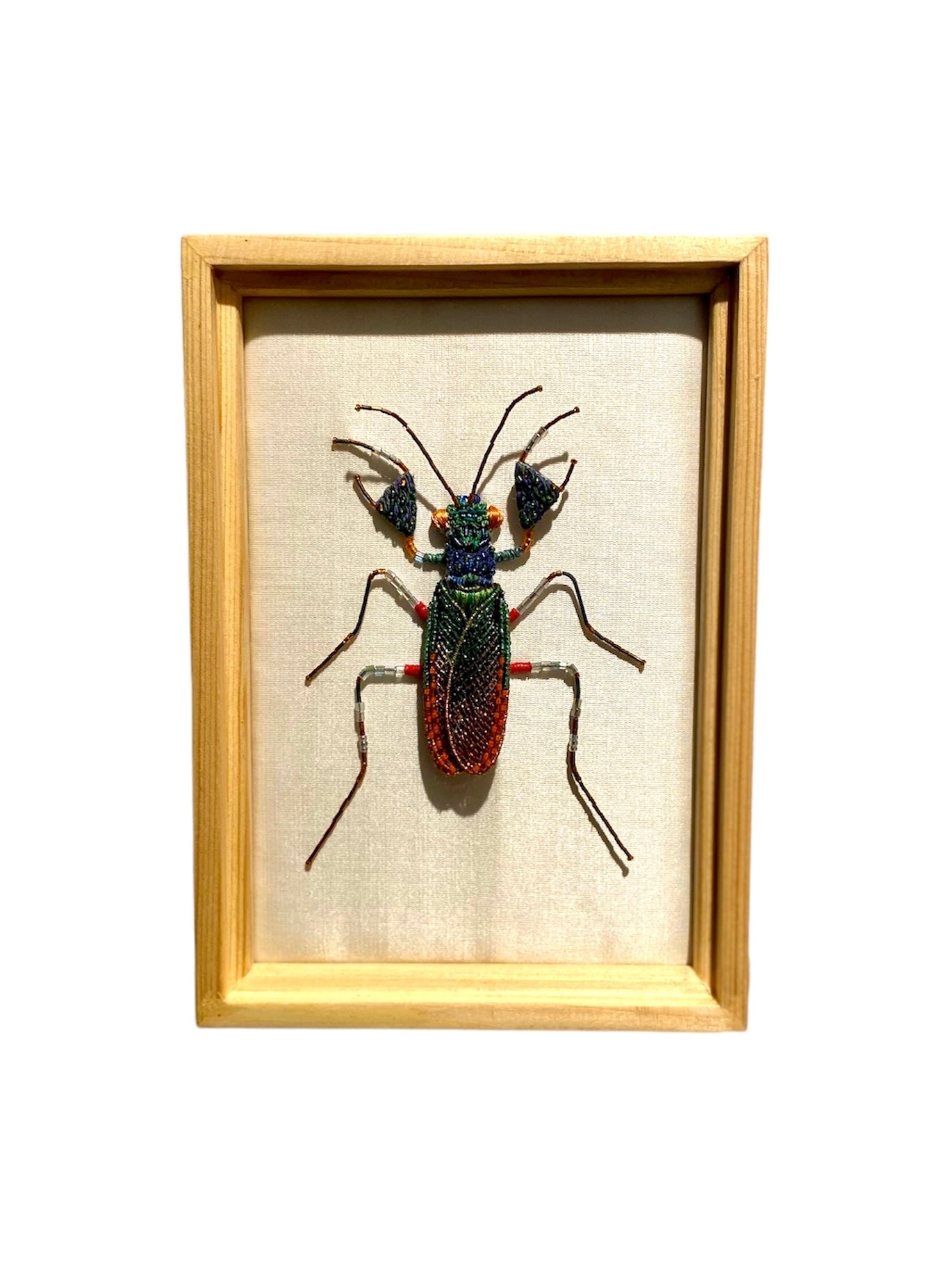 Hand-Beaded Bark Mantis Framed Wall Art